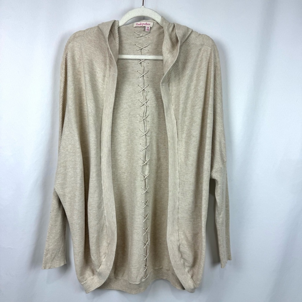 Fresh Produce Women’s S/M Tan Ribbed Open Front Cardigan Sweater Hooded Bohemian